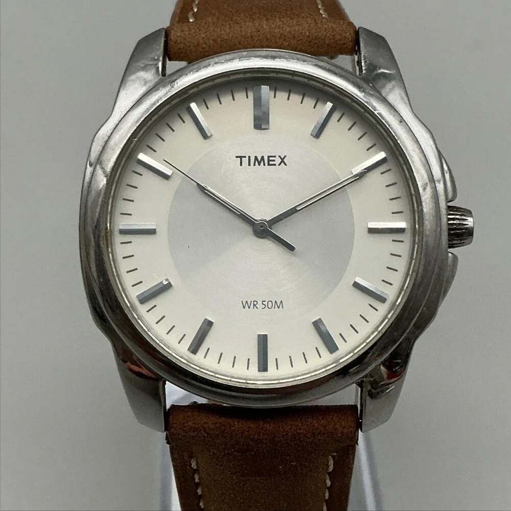 Timex Mens Watch 39mm Silver Tone Brown Leather WR 50M Stainless New Battery